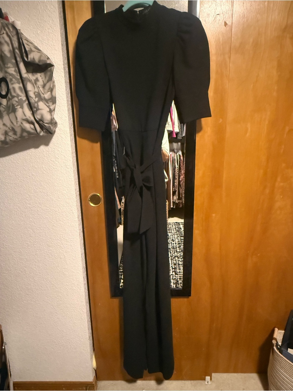 Alice + Olivia Black Puff-Sleeve Jumpsuit with Waist Tie